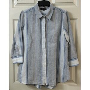 Boho Chic Linen Button Up Collared Shirt Women's MED Blue Stripe Button Back EUC